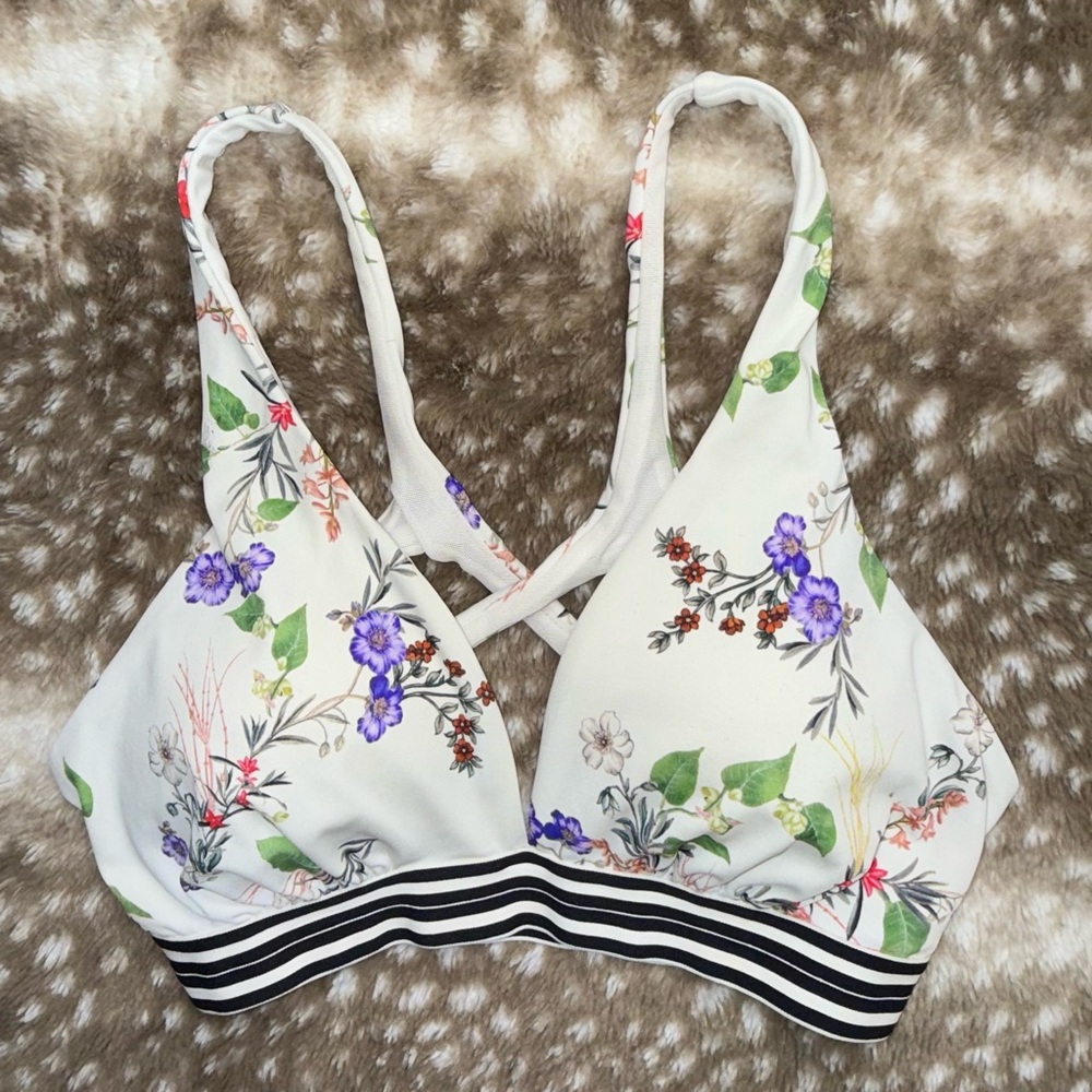 Athleta Floral Print Bra with Black Stripes